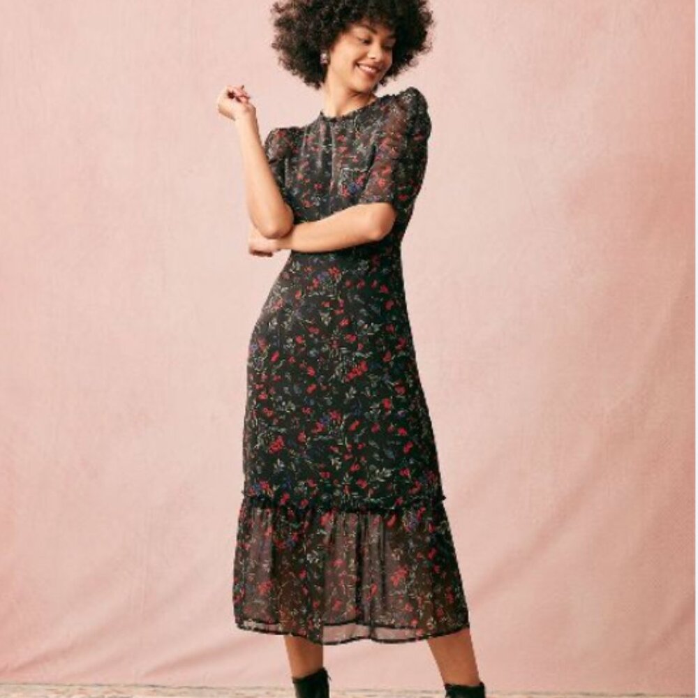 Rihoas The Round Neck Floral Mesh Midi Dress, Womens, MEDIUM, NWT